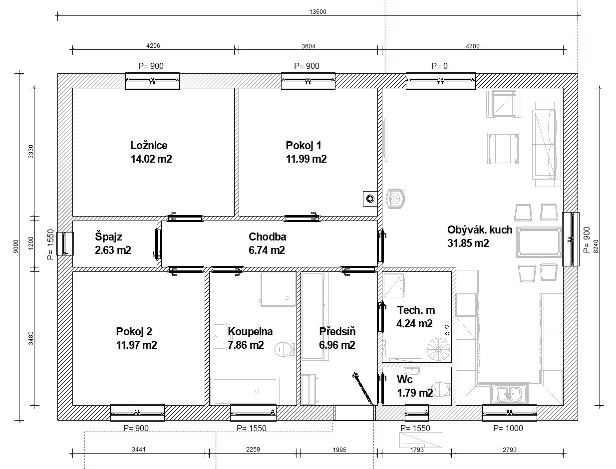 Půdorys - Bungalov 4+kk 121,5 m²