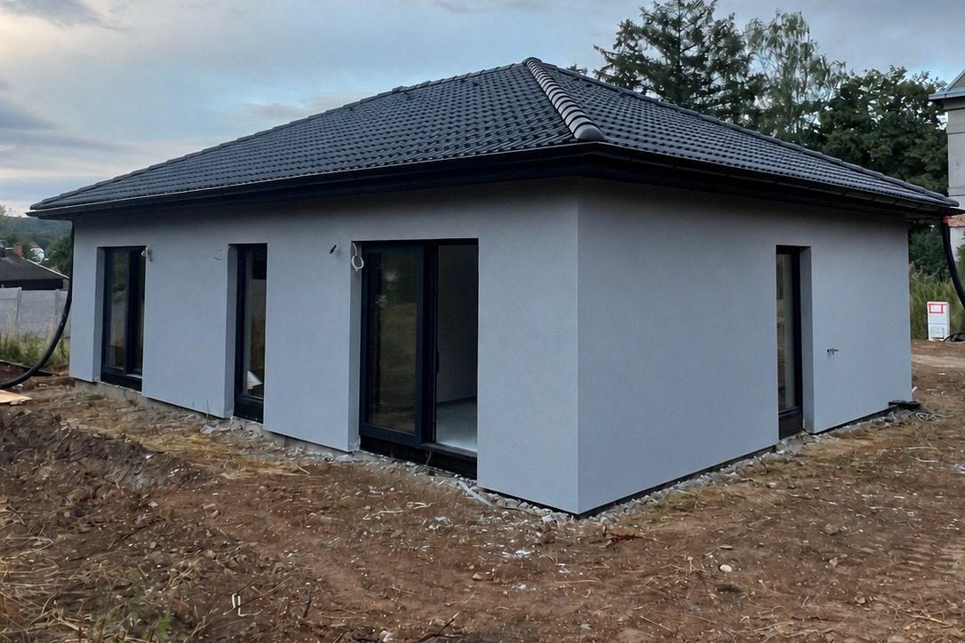 Realizace - přízemní dům se šedou omítkou, tmavými rámy oken a valbovou střechou z tmavé krytiny
