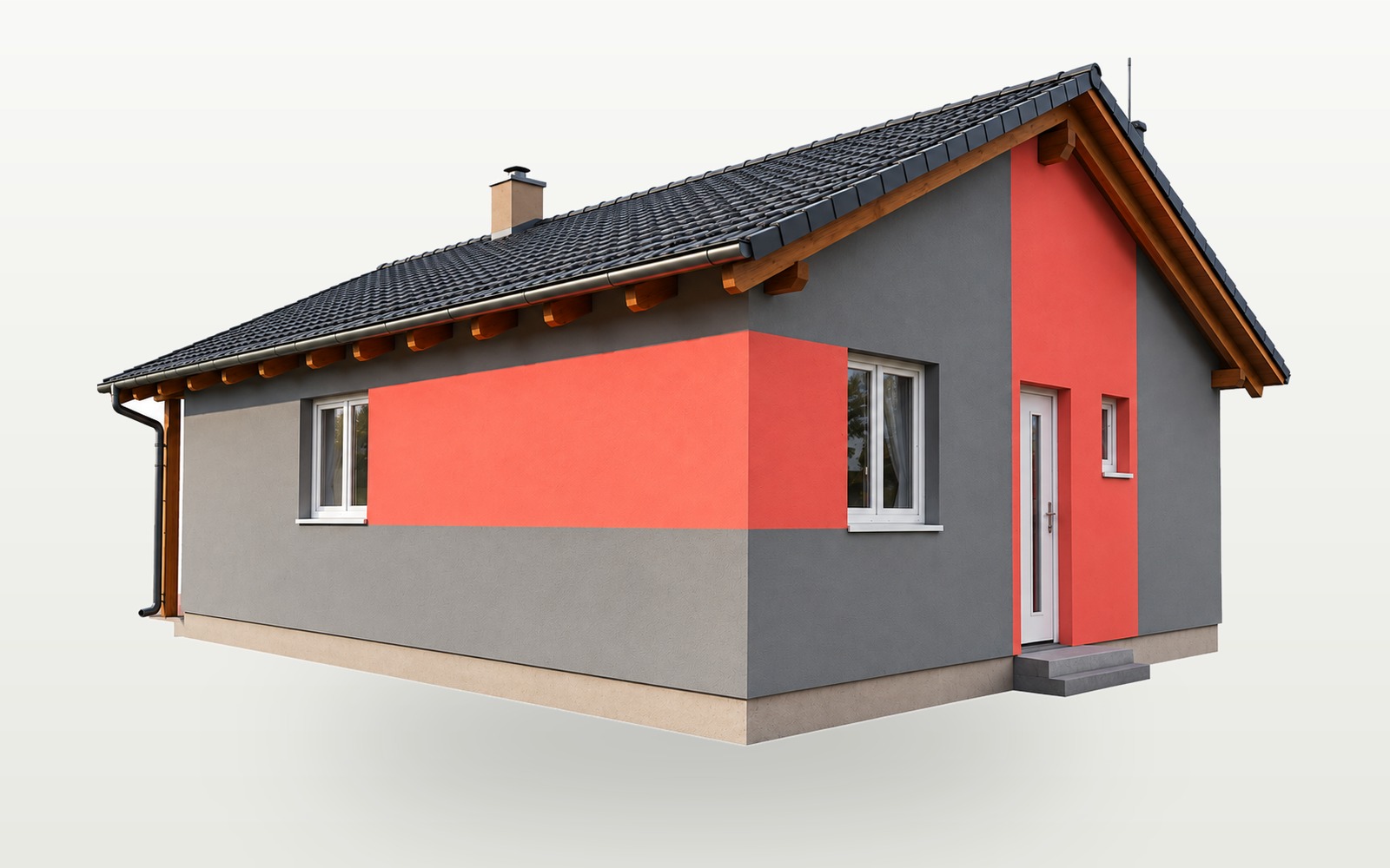 Vizualizace zděného bungalovu se sytě červeným fasádovým akcentem a valbovou střechou - typový dům na klíč