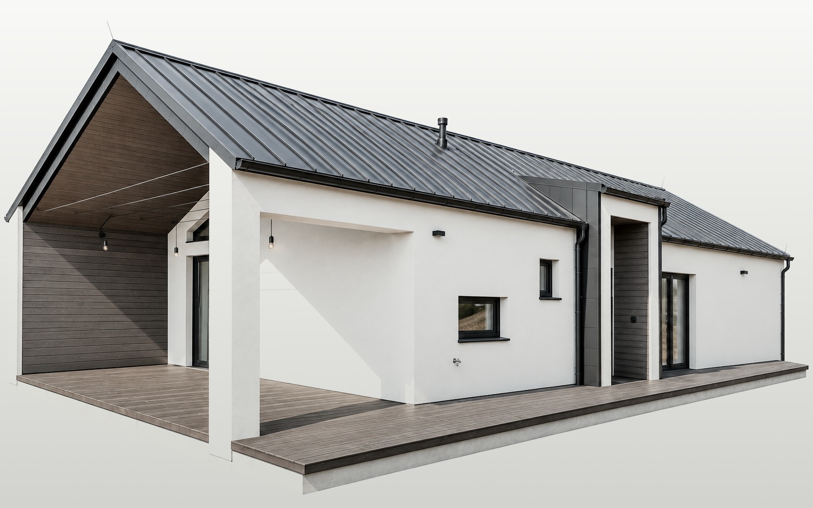 Vizualizace moderního rodinného domu s krytou dřevěnou terasou postaveného podle vlastního projektu